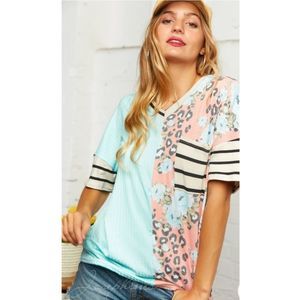 Mint V-Neck Stripe Floral Color Block Top